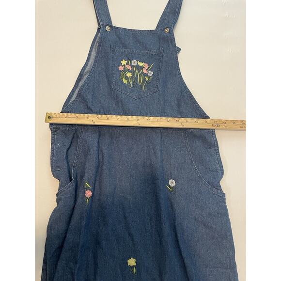 Vintage Just Class Size M Blue Denim Pinafore Jumper Dress Embroidered Flowers - Picture 4 of 4
